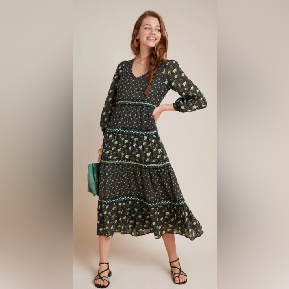 NWT ANTHROPOLOGIE Karoline Tiered Floral Boho Cottagecore Midi Dress Size:  12P